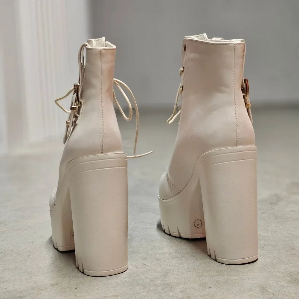 Lace-Up Platform Chunky Heel Ankle Boots With Dual Buckle Detail In Off White - Picture 5 of 7